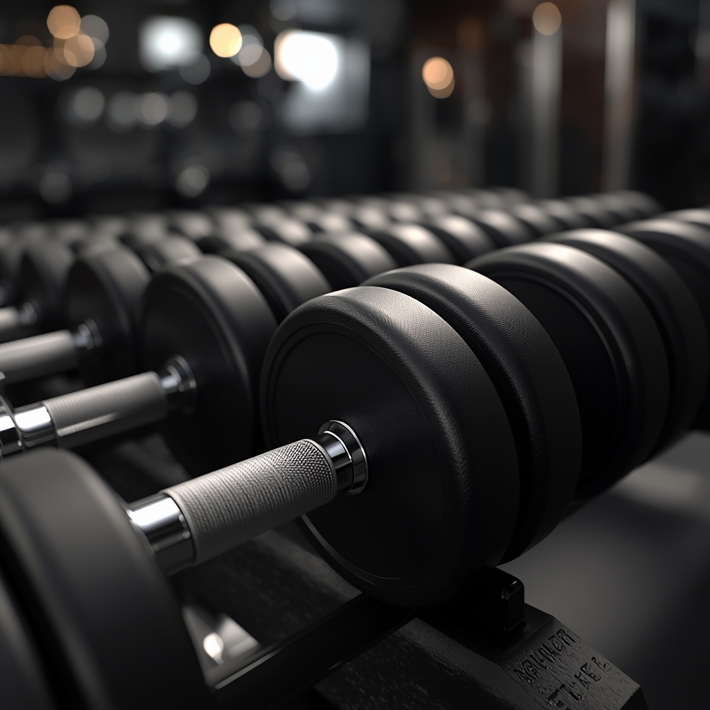 Prompt: A high-quality realistic close-up photo of metallic black dumbbells lined up on a rack in a luxurious gym setting with soft moody lighting and depth of field Nano Banana2